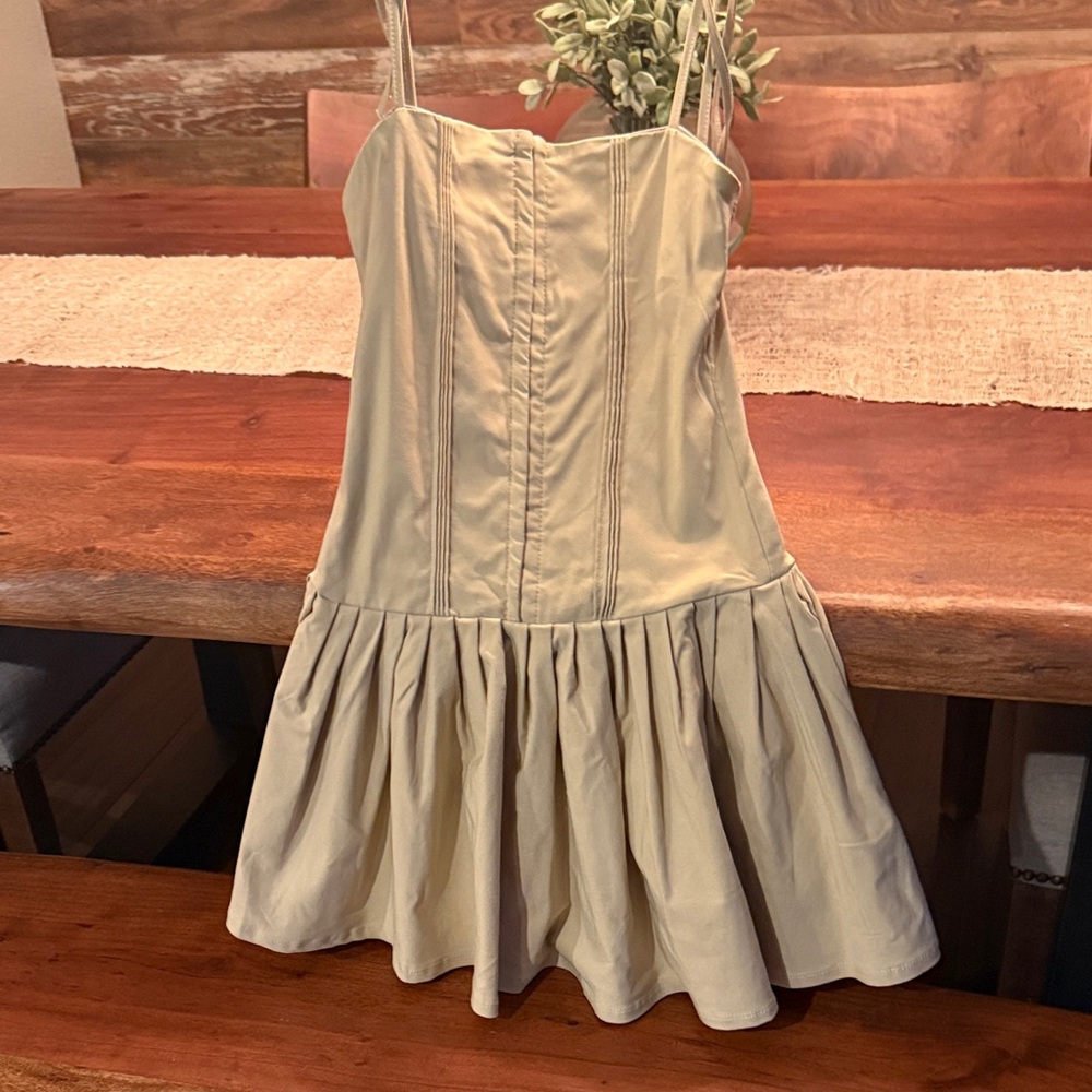 SHEIN Beige Spaghetti-Strap Drop-Waist Mini Dress